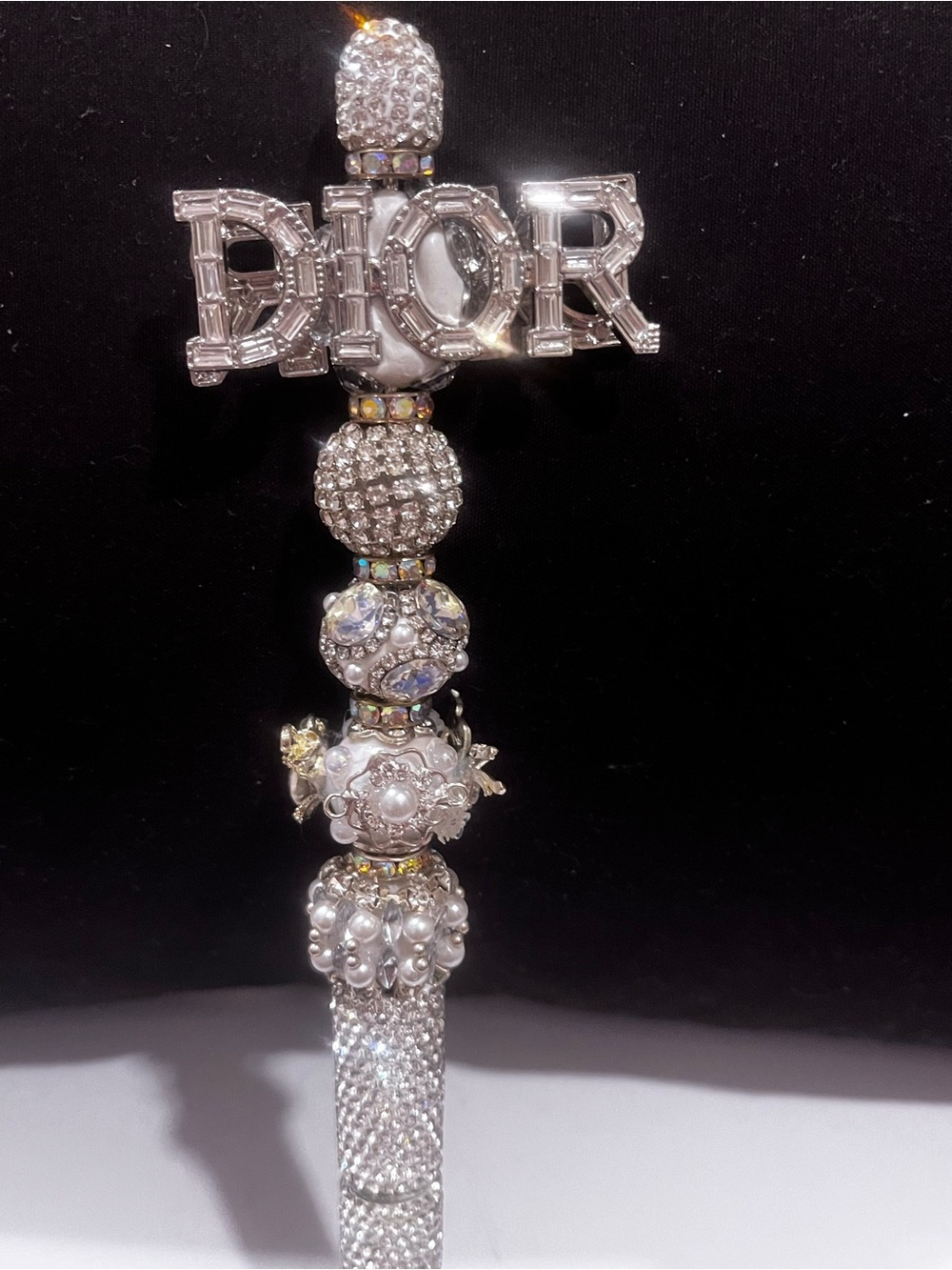 Designer inspired ultra luxe Silver Crystal & Pearl Logo focal fancy beaded pen